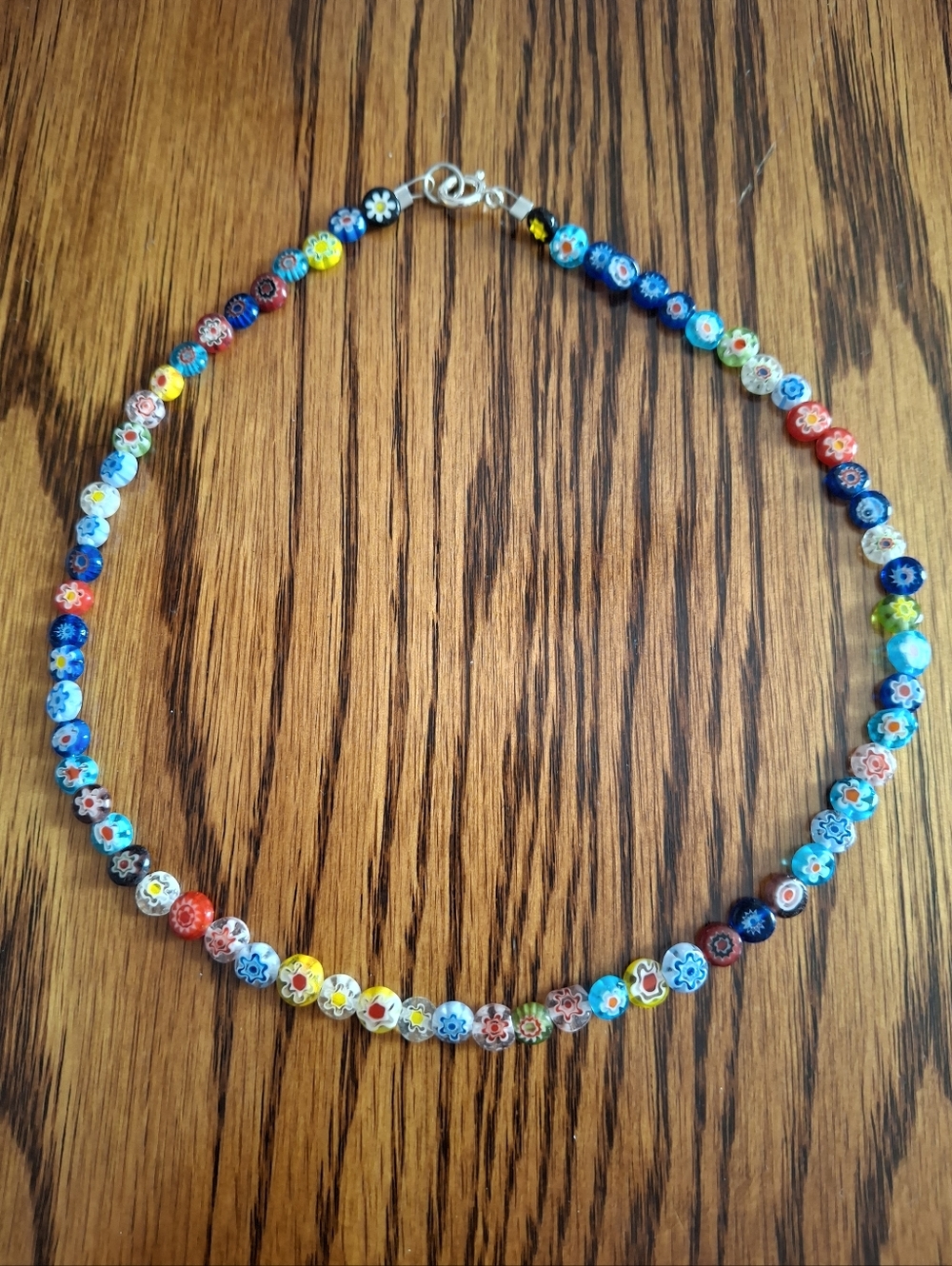 Necklace Millefiori Italian Flower Glass Beaded 16" Sterling Silver
